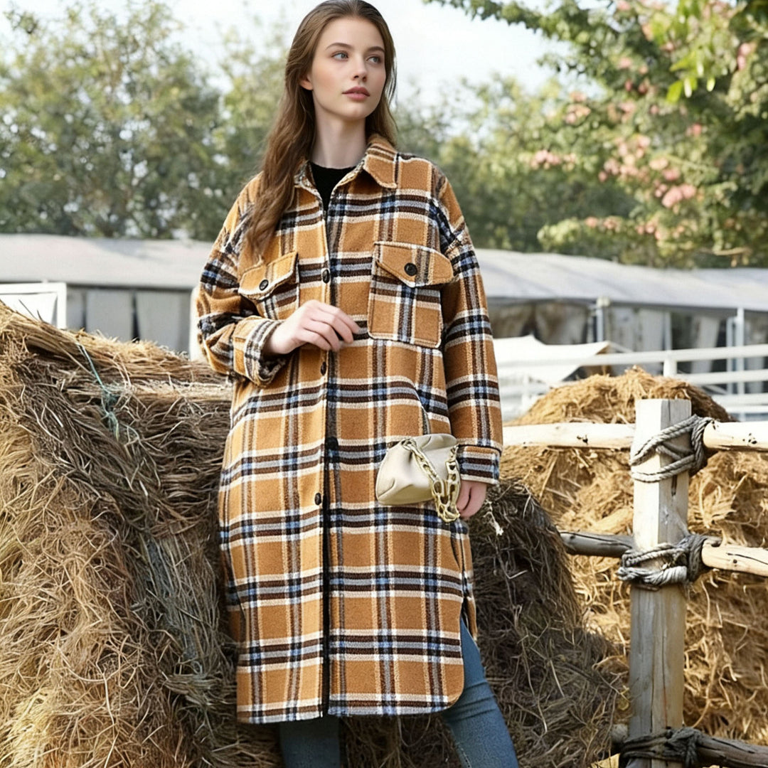 Women's Oversize Check Shirt Jacket in Longline Cut with Patch Chest Pockets Mune Fashion