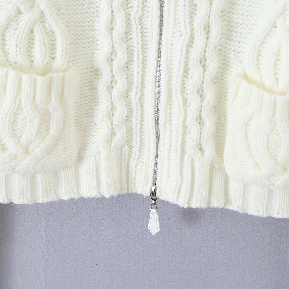 Ladies short knitted cardigan with stand-up collar, cable pattern, wooden button toggles and pockets Mune Fashion
