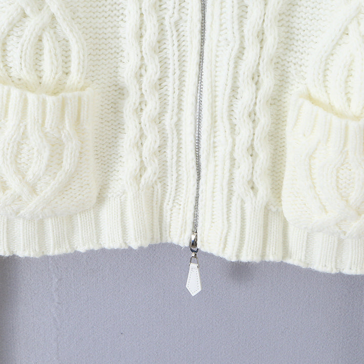 Ladies short knitted cardigan with stand-up collar, cable pattern, wooden button toggles and pockets Mune Fashion