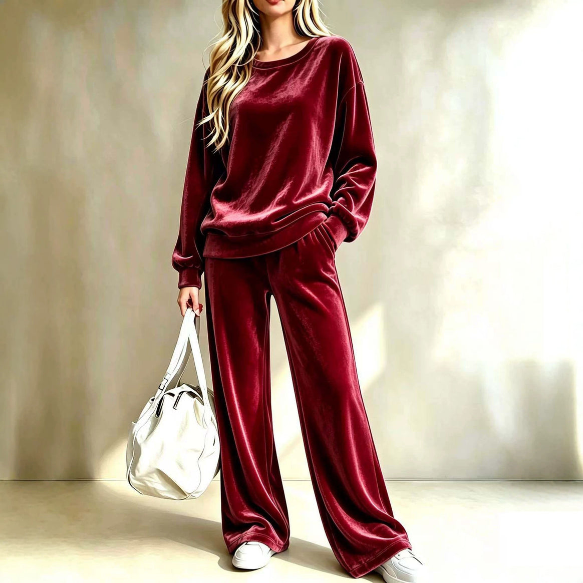 Women's Soft Velour Loungewear Set with Wide Leg and Round Neck Mune Fashion