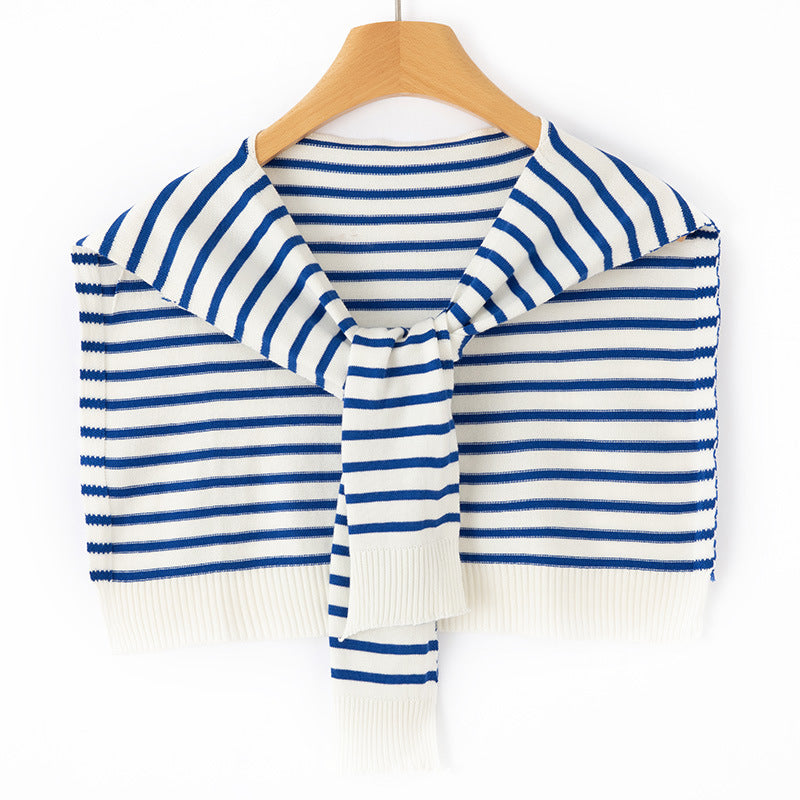 Women's Short Knitted Shoulder Cape to Tie Striped Fine Knit Wrap Stole Mune Fashion