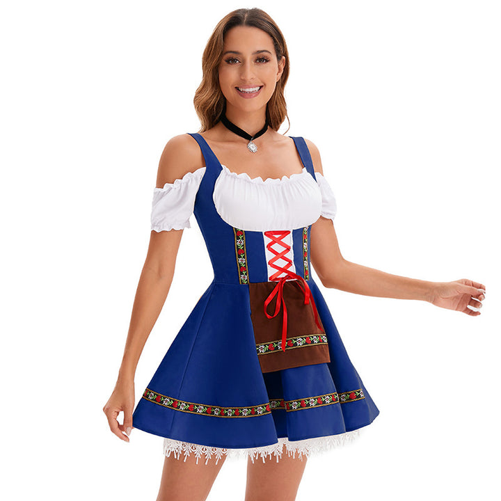 Women's short traditional dress in dirndl style with lacing, off-the-shoulder Carmen neckline, and decorative apron Mune Fashion