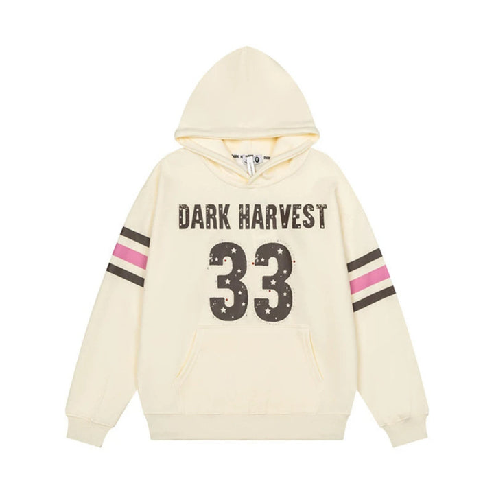 Women's oversized hoodie with vintage number print, studded detailing, and contrast stripes on the sleeves Mune Fashion
