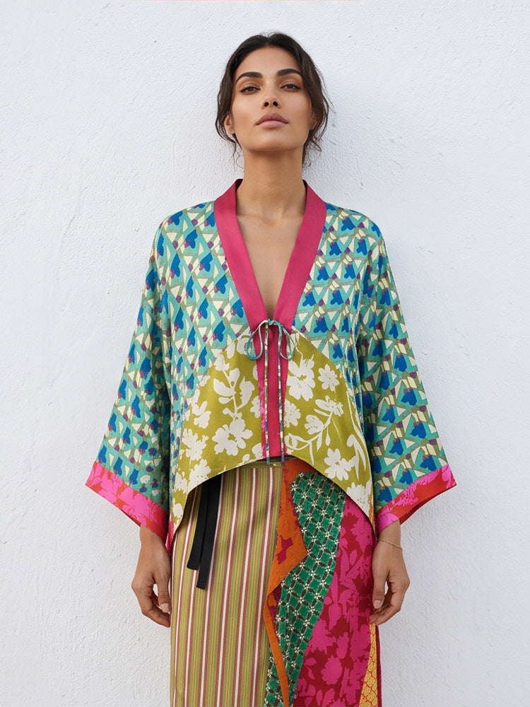 Women's Patchwork Kimono Top made of silk blend with deep V-neck and tie belt Mune Fashion