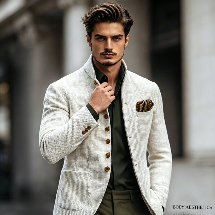 Men's Structured Linen Blazer with Stand Collar and Decorative Button Row Mune Fashion