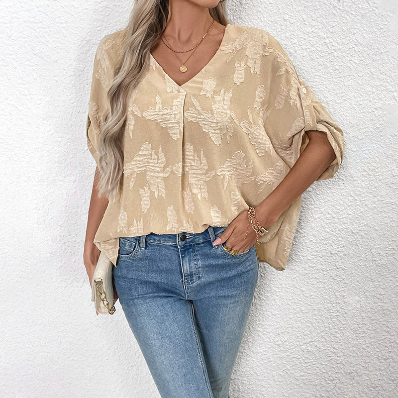 Women's lightweight oversized V-neck blouse with textured jacquard pattern and roll-up sleeves Mune Fashion