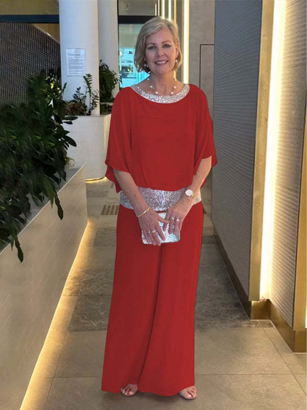 Women's Elegant Evening Two-Piece with Chiffon Cape and Palazzo Pants Mune Fashion