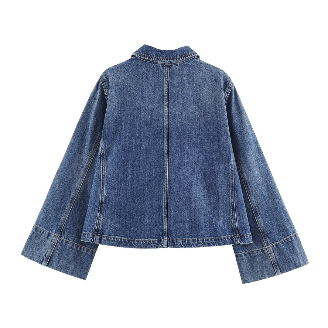 Women's Boxy Denim Jacket with Wide Sleeves, Flap Pockets and Snap Button Closure Drune