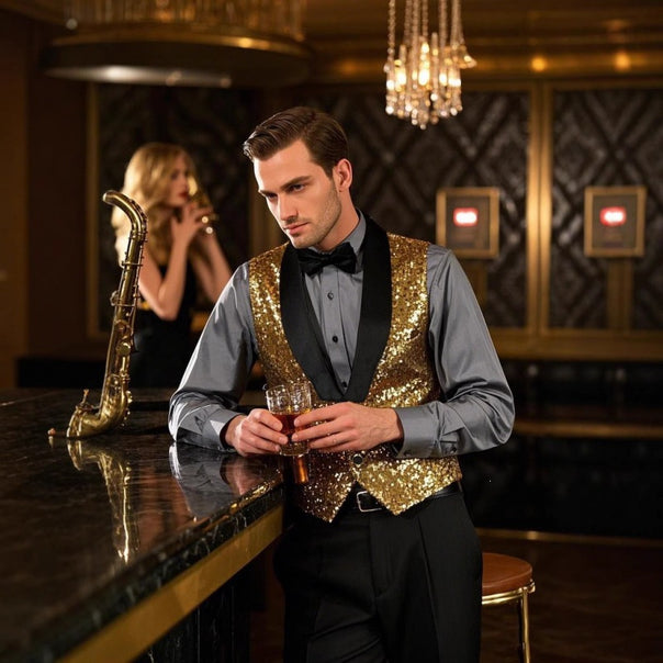Men's glamour vest with sequins, shawl collar, and tailored cut Mune Fashion