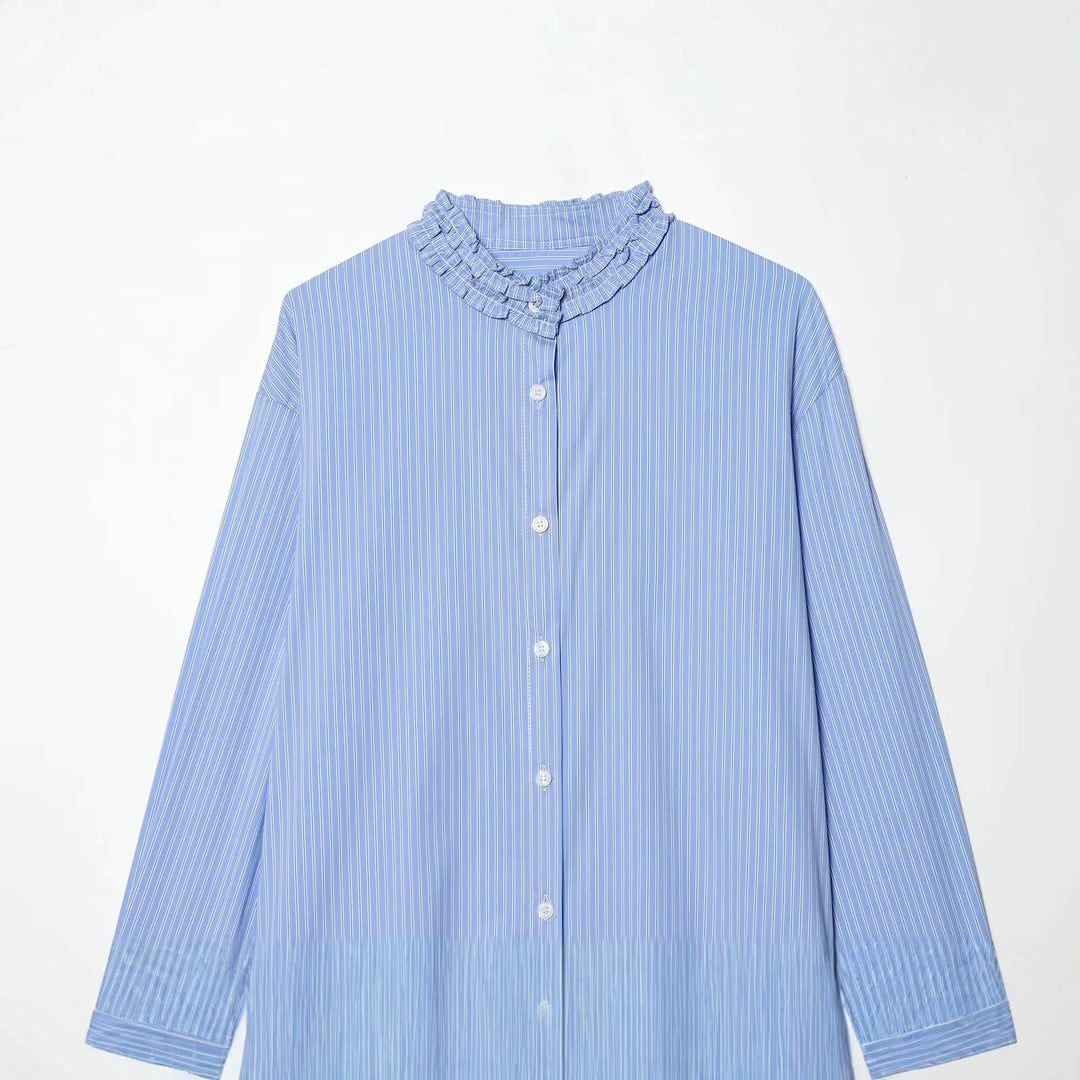Women's Striped Blouse with Ruffled Collar and Oversize Cut Mune Fashion
