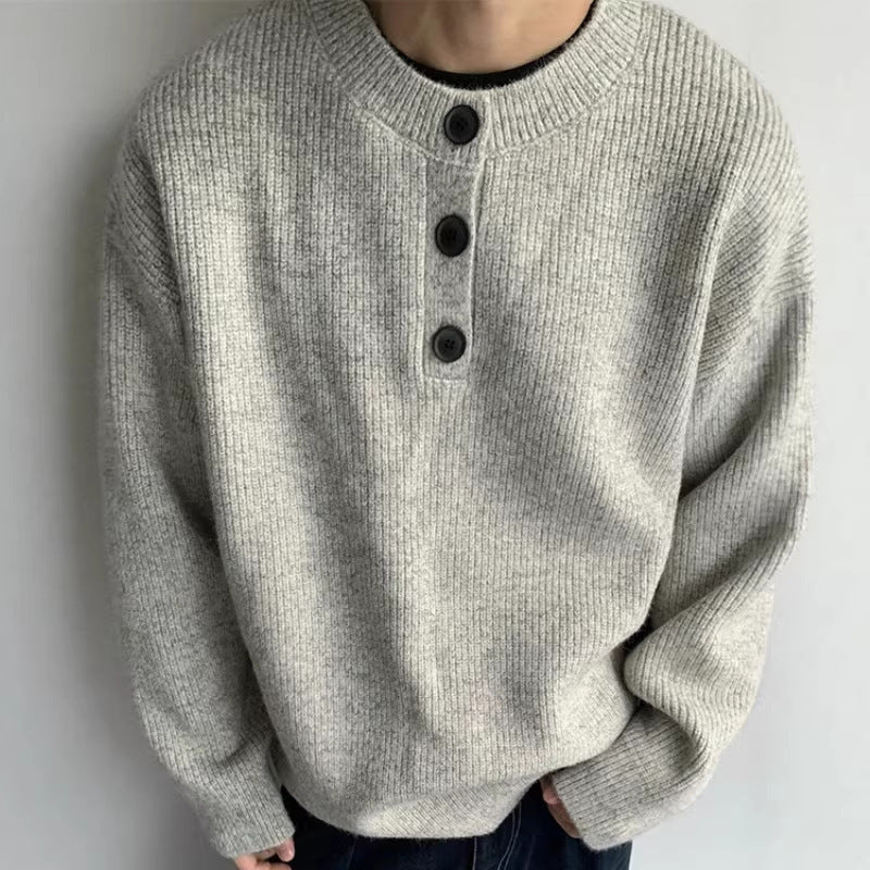 Men's Oversized Knit Sweater with Three-Button Henley Yoke Mune Fashion