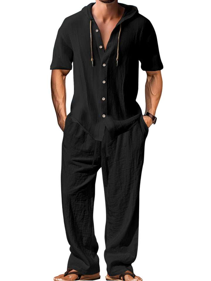 Men's airy linen lounge set with short-sleeved hoodie and straight relaxed pants Mune Fashion