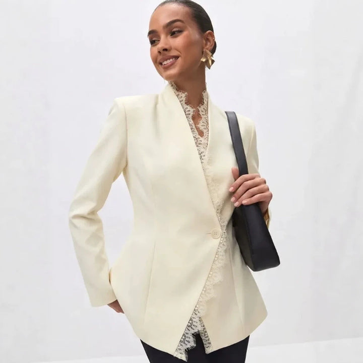 Women's Tailored Blazer with Lace Trim and Decorative Button Mune Fashion