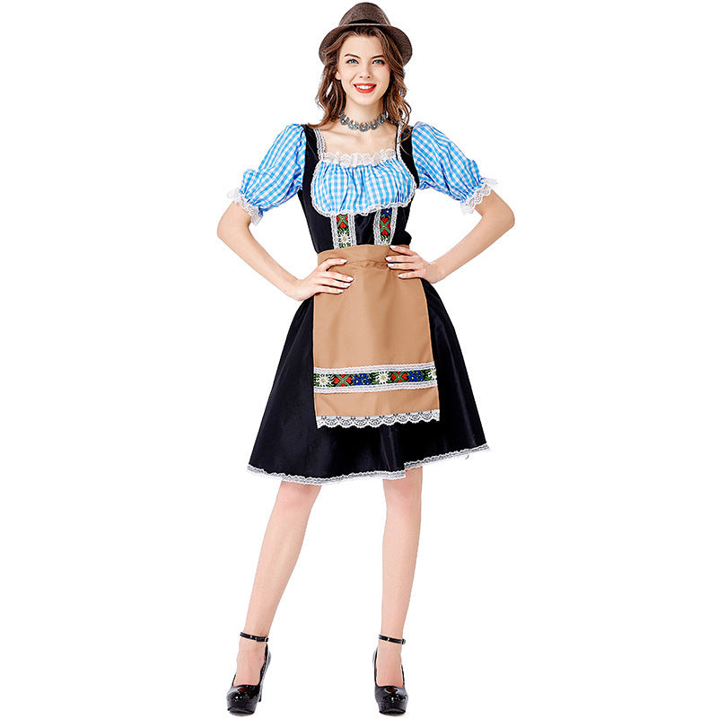 Women’s folkloric Oktoberfest costume in dirndl style with Carmen blouse, laced bodice, and embroidered apron Mune Fashion