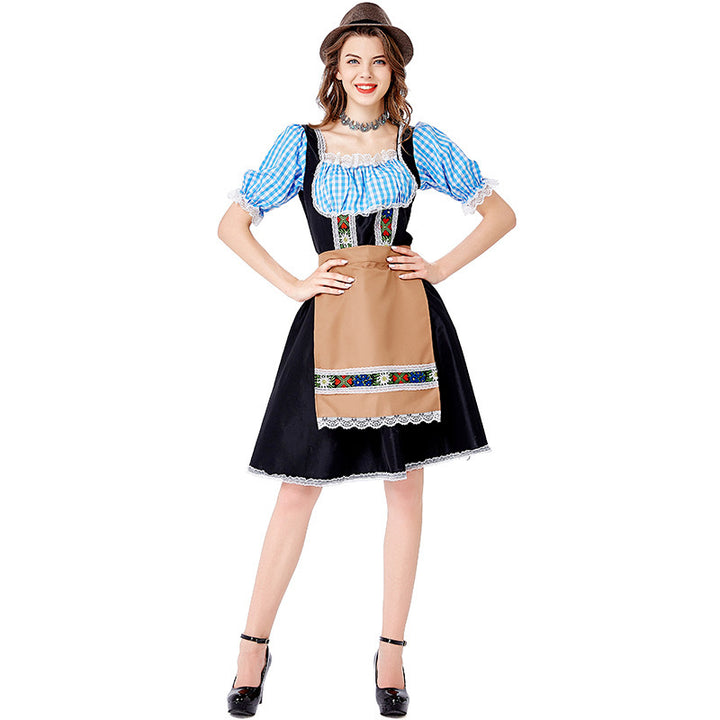 Women’s folkloric Oktoberfest costume in dirndl style with Carmen blouse, laced bodice, and embroidered apron Mune Fashion