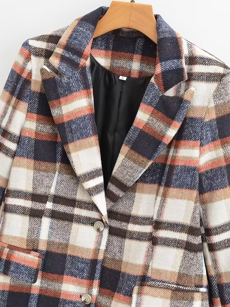 Women's Checked Wool Blend Single-Breasted Blazer with Notch Lapel and Flap Pockets Mune Fashion