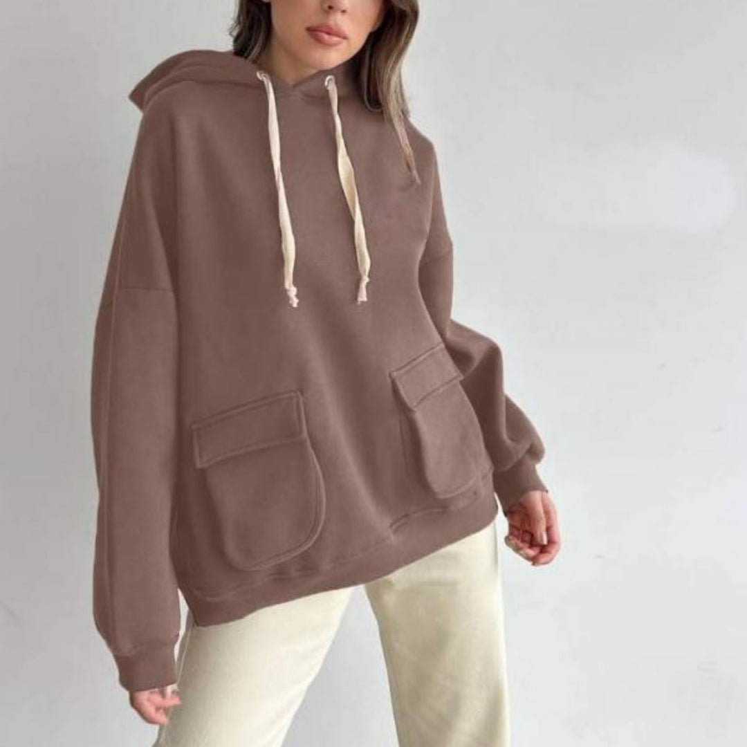 Women's Oversize Hooded Sweater with Patch Pockets and Extra-Long Cords Mune Fashion