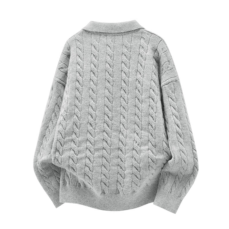 Women's Oversized Cable Knit Polo Sweater with V-Neck and Ribbed Hem Mune Fashion
