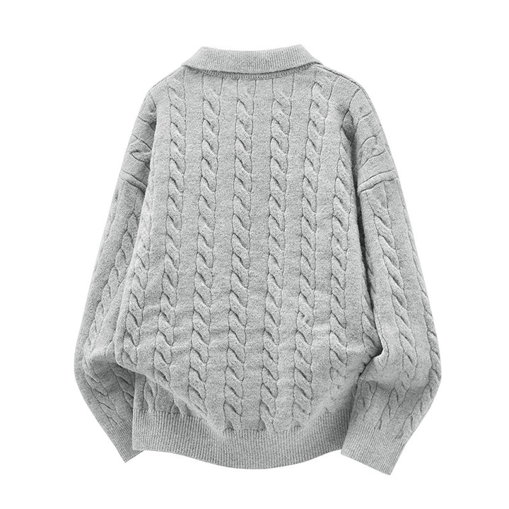 Women's Oversized Cable Knit Polo Sweater with V-Neck and Ribbed Hem Mune Fashion