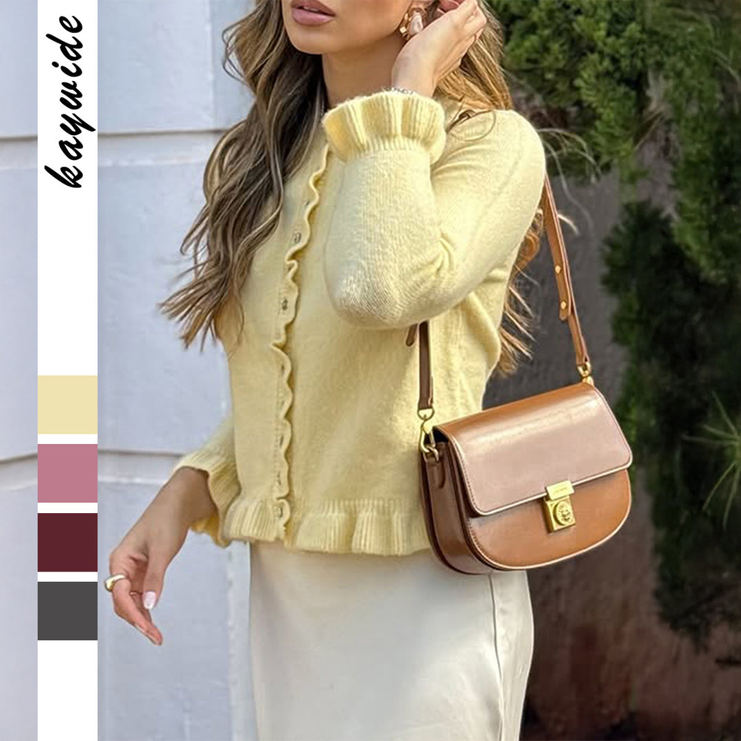 Women’s short cut knit cardigan with ruffled button placket and gathered cuffs Mune Fashion