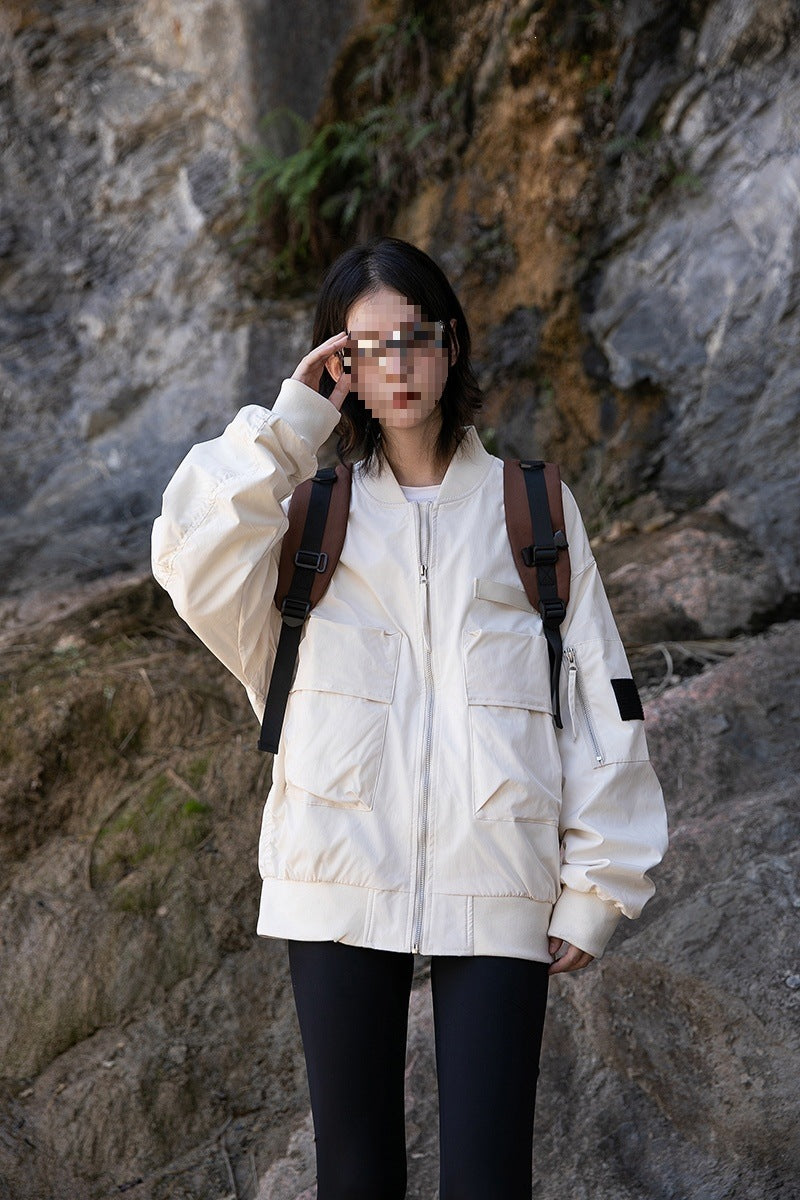Women's Oversize Multifunctional Field Bomber Jacket with Cargo Pockets & Ribbed Cuffs Mune Fashion