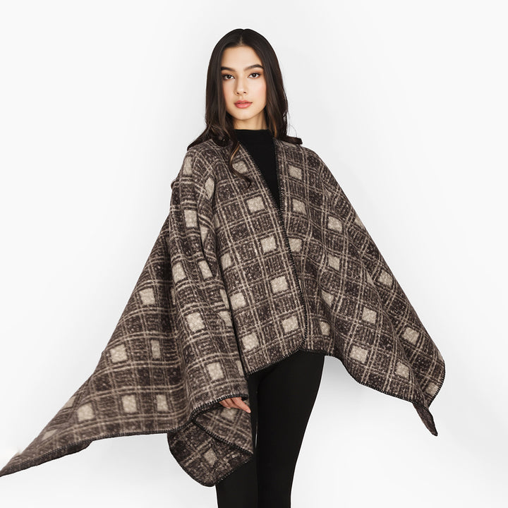 Women's wool blend cape with soft drape, check pattern, and asymmetric pointed hem