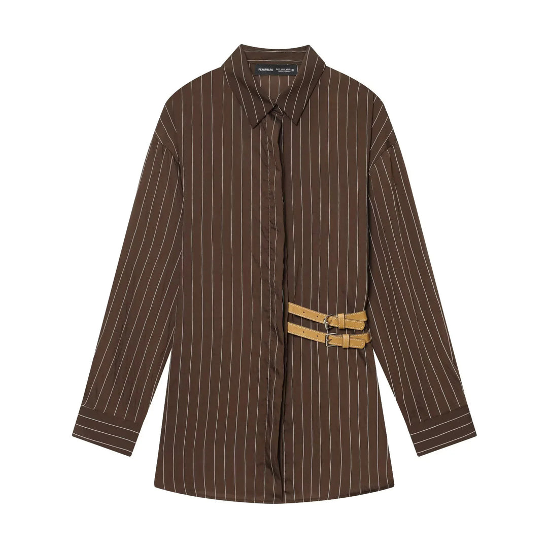 Women nan oversized shirt dress with concealed button placket and decorative double belt Mune Fashion