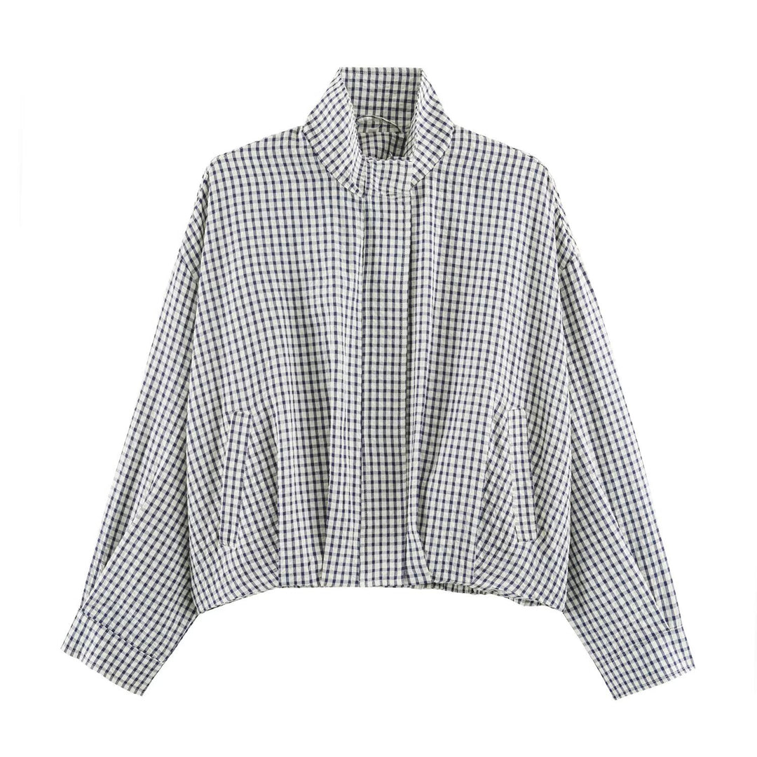 Women Check Transitional Jacket in Oversized Cropped Cut with High Stand-Up Collar Mune Fashion