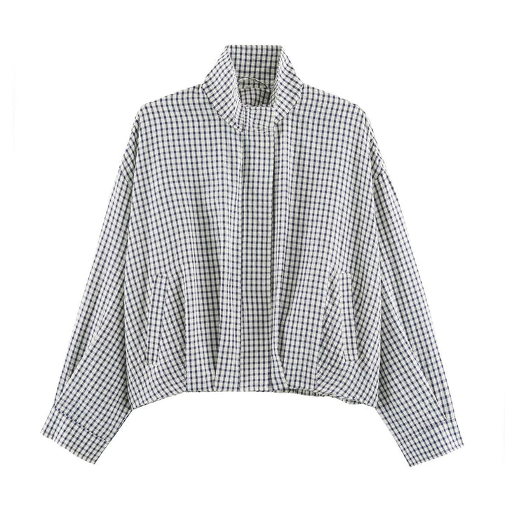 Women Check Transitional Jacket in Oversized Cropped Cut with High Stand-Up Collar Mune Fashion