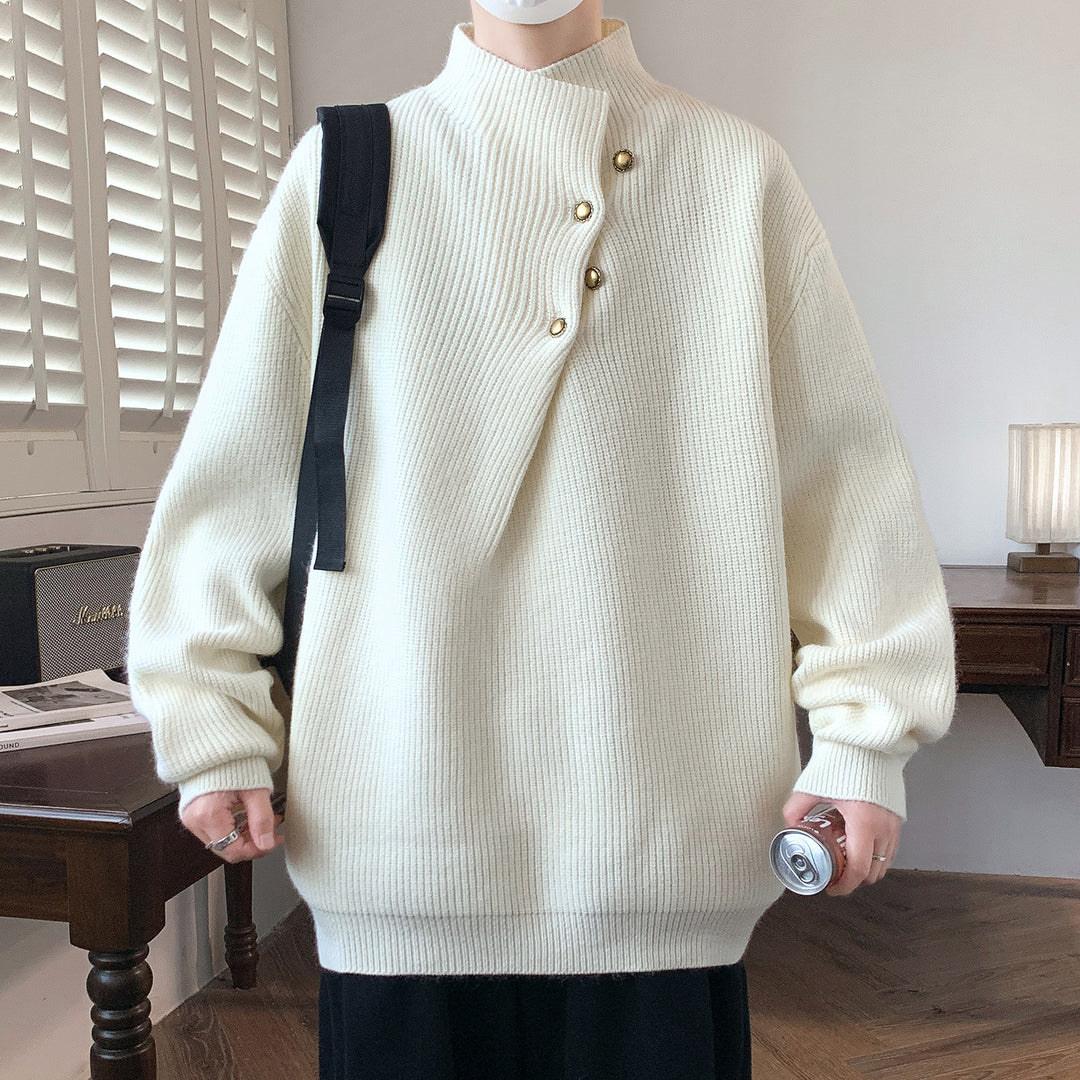 Men's Oversized Ribbed Sweater with Asymmetric Button Collar Mune Fashion