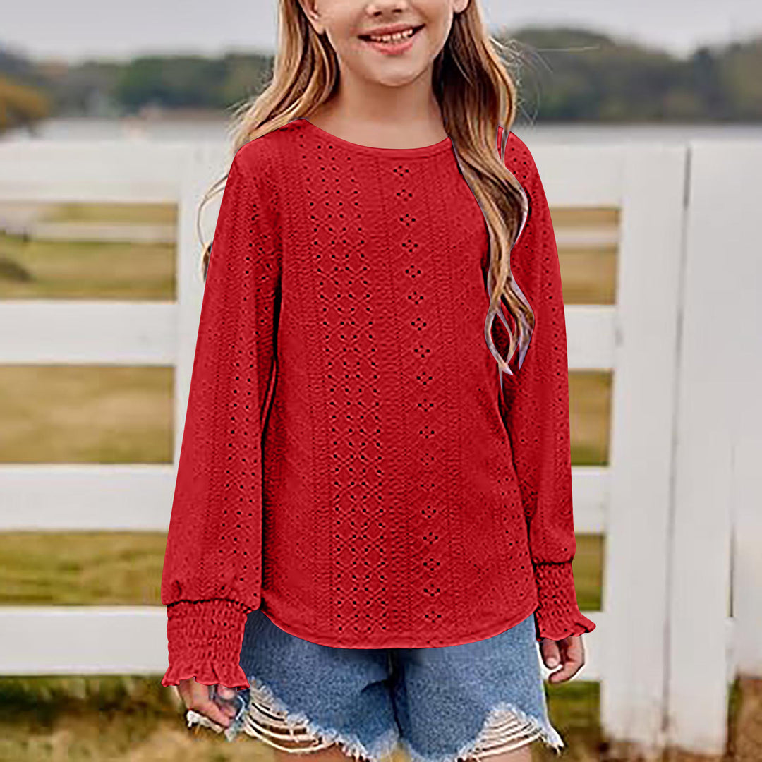 Women's Openwork Oversized Pullover Shirt with Balloon Sleeves and Ruffle Cuffs Mune Fashion