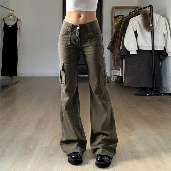 Women nan Cargo-Flared-Pants with high-cut waist, applied leg pockets and flared leg Mune Fashion