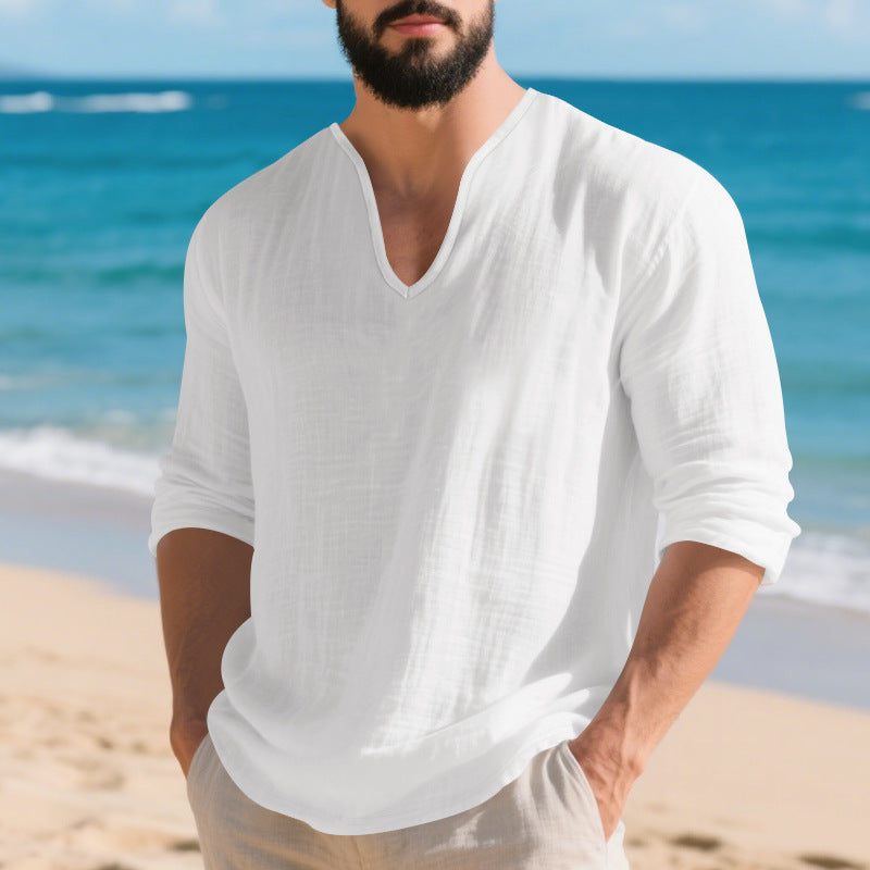 Men's lightweight linen V-neck shirt with a loose fit and roll-up sleeves Mune Fashion
