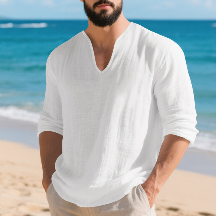 Men's lightweight linen V-neck shirt with a loose fit and roll-up sleeves Mune Fashion