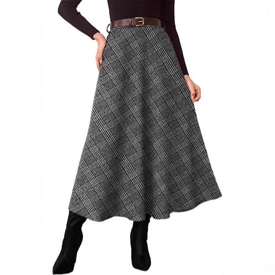 Women's Checked Midi Skirt in A-Line with High Waist and Side Pockets Drune