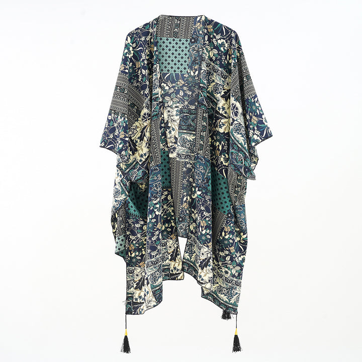 Women Kaftan Overlay with Patchwork Floral Print and Tassels Mune Fashion