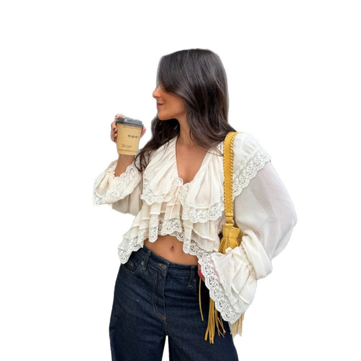 Women's Ruffled Lace Crop Top Blouse with Ruffles and V-Neck Mune Fashion