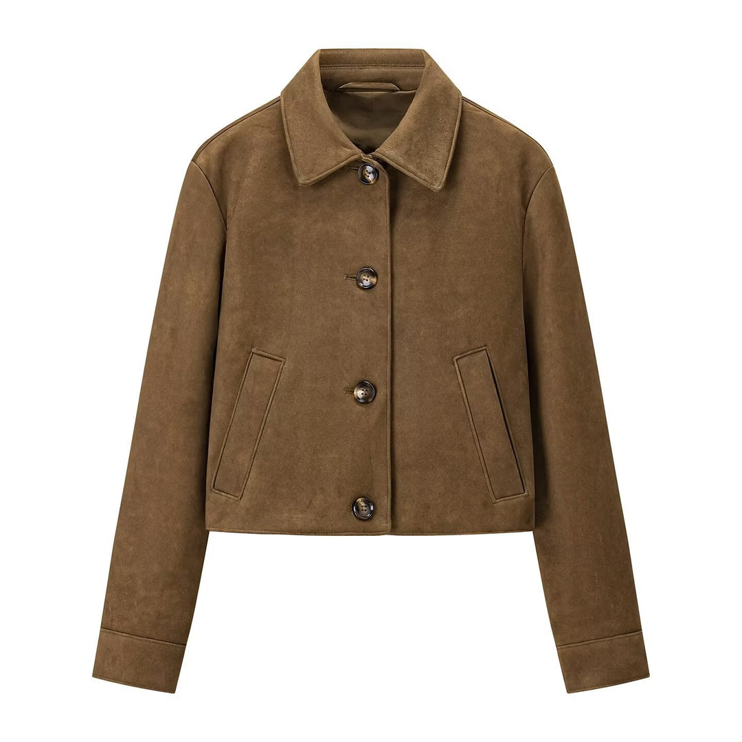 Women's short cut suede look jacket with shirt collar and button placket Mune Fashion