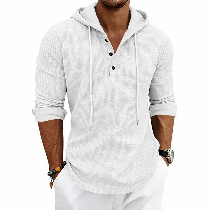 Men's Textured Hooded Long Sleeve Shirt with Button Placket and Waffle Texture Mune Fashion