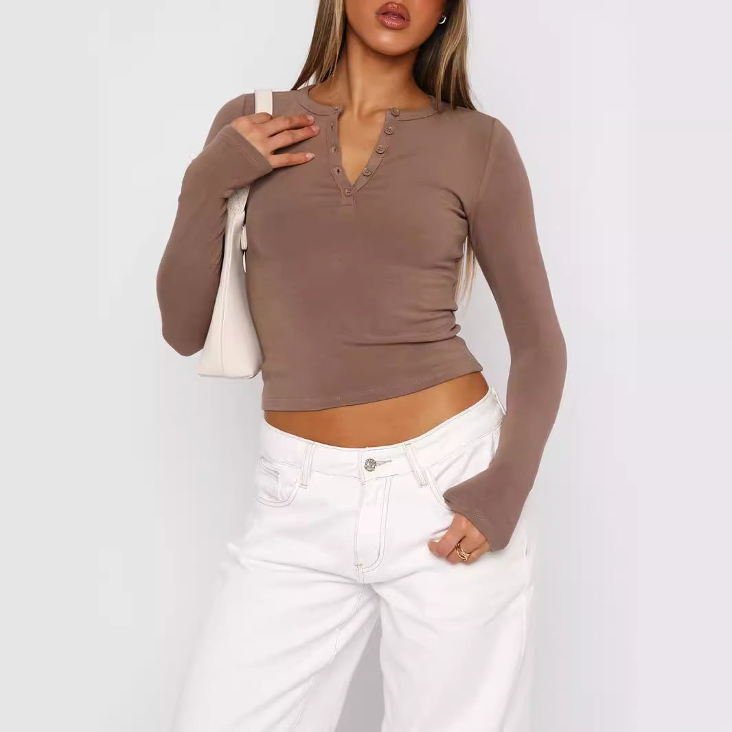 Women Ribbed Long Sleeve Henley Cropped Shirt Mune Fashion