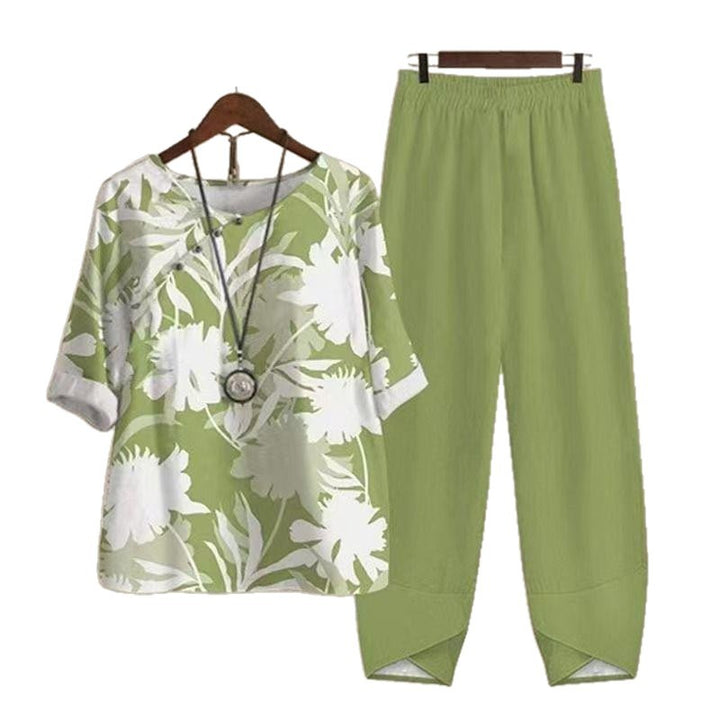 Women's lightweight tunic two-piece set with botanical leaf print, casual V-neck blouse and elastic comfort pants Mune Fashion