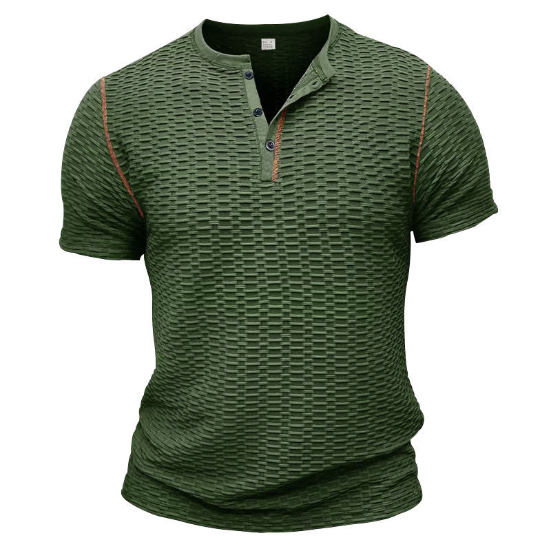 Men's structured short-sleeve henley with three-dimensional relief structure, reinforced button placket, and contrast piping Mune Fashion