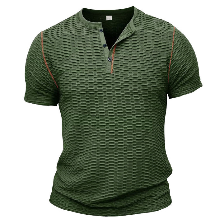 Men's structured short-sleeve henley with three-dimensional relief structure, reinforced button placket, and contrast piping Mune Fashion