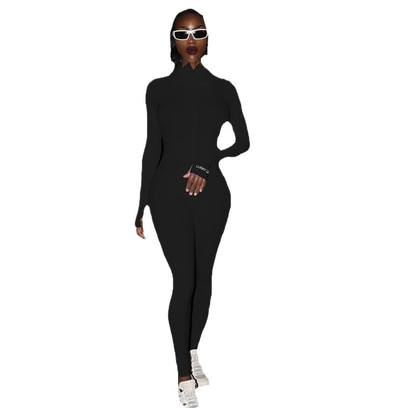 Women Figure-hugging Ribbed Knit Overall with Stand-up Collar and Front Zipper Mune Fashion