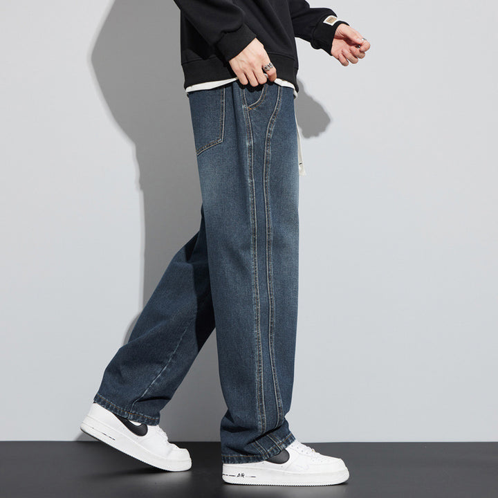 Men's Wide Denim Pants in Lounge Style with Drawstring Waist and Straight Leg Mune Fashion