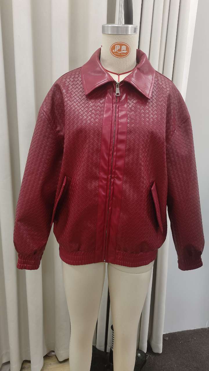 Women's Braided Faux Leather Bomber Jacket in Boxy Cut with Zipper Mune Fashion