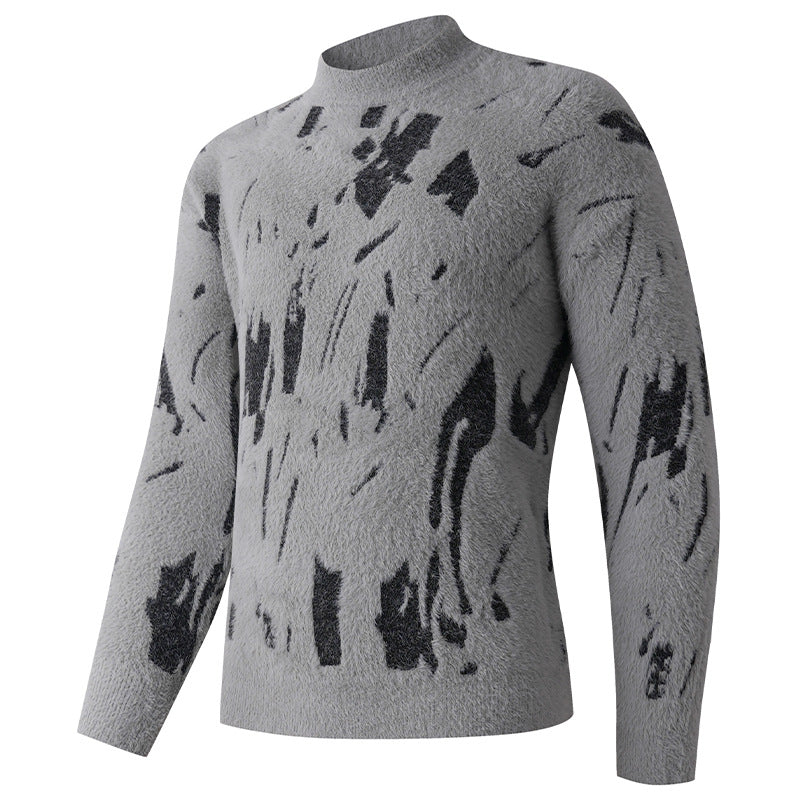 Men's Structured Mock Neck Sweater with Abstract Brush Pattern Mune Fashion