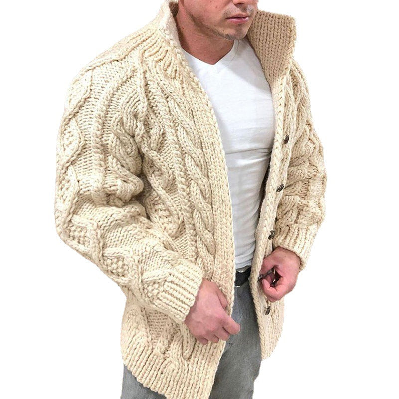 Men's Chunky Cable Knit Cardigan with High Standing Collar and Horn Buttons Mune Fashion
