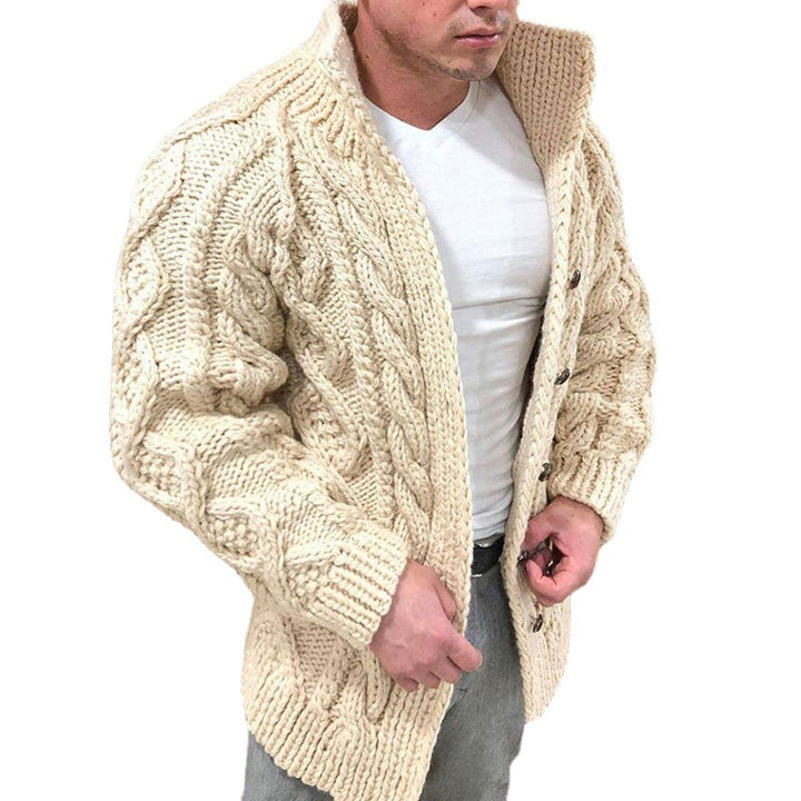 Men's Chunky Cable Knit Cardigan with High Standing Collar and Horn Buttons Mune Fashion