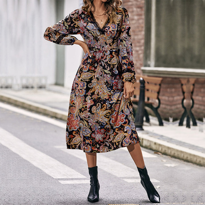 Women’s midi dress with paisley print, wrap look and lace trim Mune Fashion